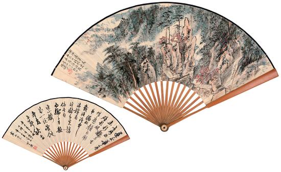2017西泠春拍 中国书画扇画作品专场 陆俨少(1909~1993)胡问遂(1918~1999) 天目胜景图·书法