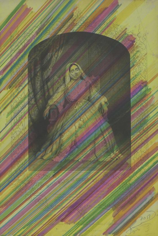 奚建军,《像女王凯瑟琳的哥伦小姐》,纸上绘画,25x16cm,2017