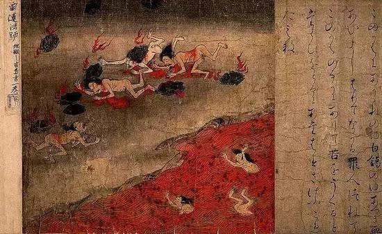 “雨炎火石地狱”,《地狱草纸》局部(じごくぞうし)日本平安时代(12世纪),东京国立博物馆藏