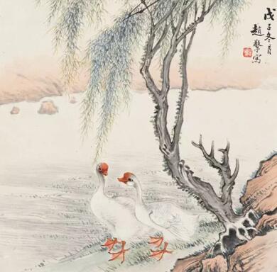 赵敬予 双鹅图 镜片 设色纸本 23×24.5 cm