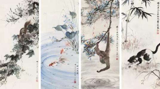 叶少秉 鲍少游 动物四屏 镜框 设色纸本 84×37cm×4