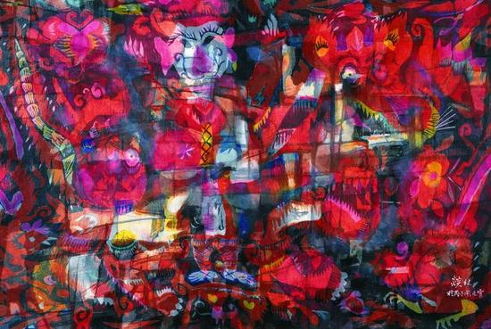 穆益林《闹元宵》(65×97cm)帛画 1996年