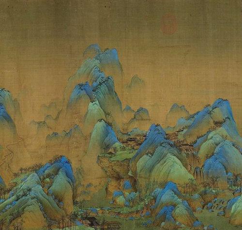 王希孟,《千里江山图》卷,局部。层叠山势随溪谷路径之迂回曲折,制造出“深远”的效果。