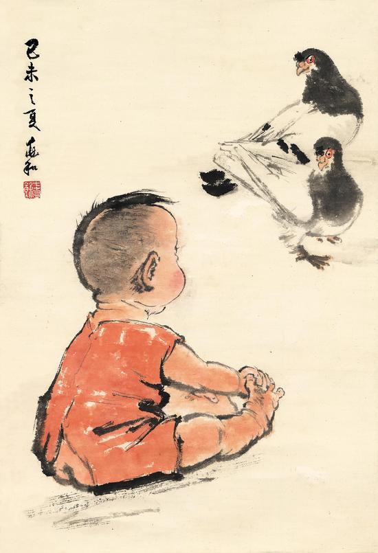 蒋兆和 小孩与双鸽子 68X50cm,1979年