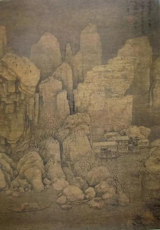 元代黄公望《剡溪访戴图》,绢本设色,元代,云南省博物馆藏