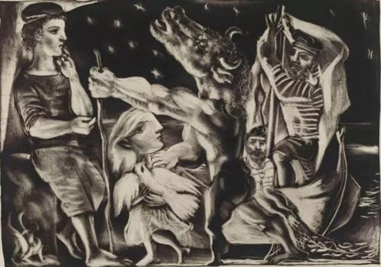 毕加索,《暗夜里被小女孩引领的失明牛头怪》,1937年