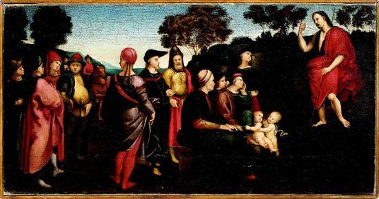 拉斐尔,《施洗者圣约翰布道》,1505 - 1509,布面油画,27x53cm