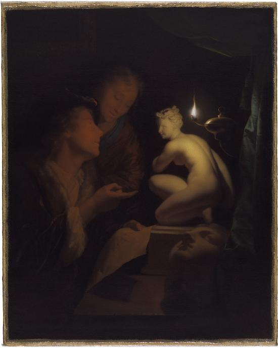 古德弗里德斯·斯哈尔肯,灯光下研究维纳斯雕像的年轻男女,约1688–92,莱顿收藏