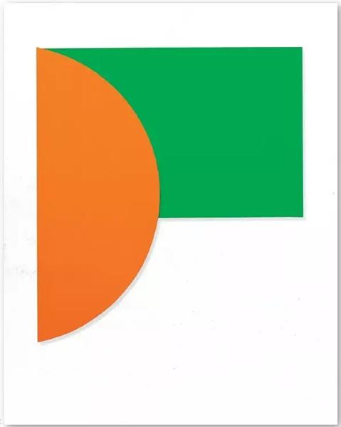 《淡橙色与绿》(Orange Relief with Green),1991年,237.5*215.3*6.7cm,2节连接木板,布面油画