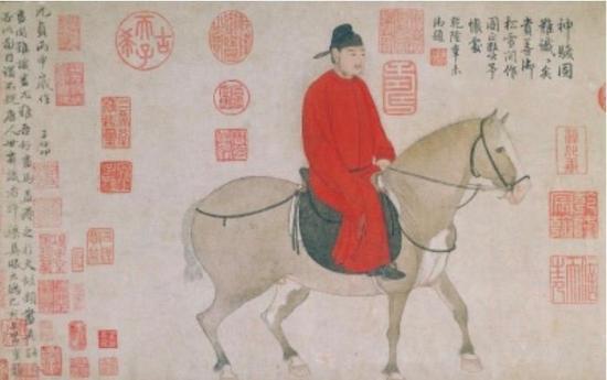 赵孟頫《人骑图》,纸本设色,30x52。故宫博物院藏