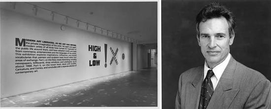(左)Kirk Varnedoe策划的“高与低:现代艺术和波普文化"; (Highand Low: Modern Art and Pop Culture)展览现场(右)Kirk Varnedoe肖像,图片:courtesy of Wikipedia