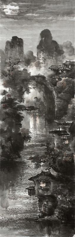 吕静溪《玉龙河夜 》110×35cm 纸本水墨 2017
