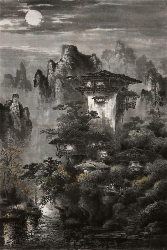 吕静溪《漓江秋月》105×70.5cm 纸本水墨 2015
