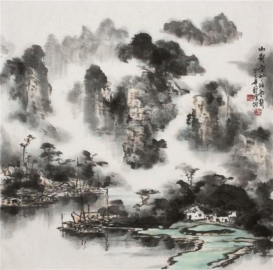 吕静溪《山影云动泊船静》69×68.5cm 纸本水墨 2013