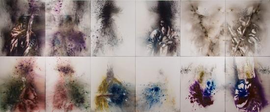 《画格列柯‘使徒’系列 之八、九、六、三、十、七,2017年。火药、帆布,每件152.5x244cm赵小意摄,蔡工作室提供