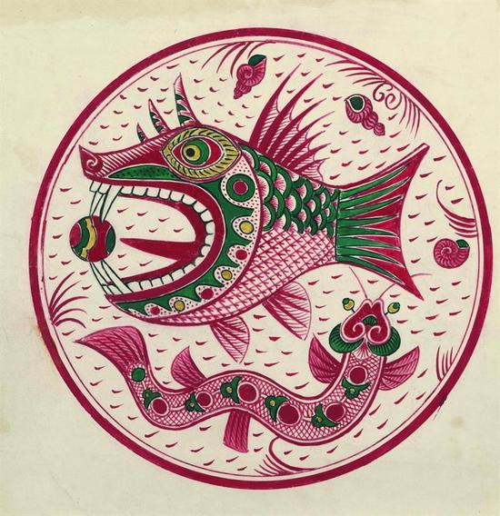 《红绿彩鱼龙纹挂盘》 设计手稿 40cmx40cm 祝大年 80年代