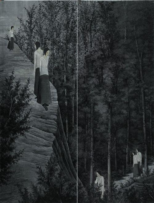 何玮明:《林中路NO2》-340x130x2cm-纸本水墨-2013年