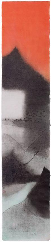 沈勤《村004》,纸本水墨,138×27cm,2015年