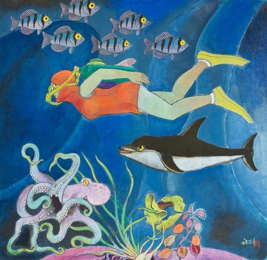 《探索海洋》 工笔重彩 98.5cmx100cm 祝大年