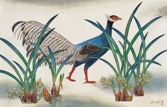 《蓝马鸡》工笔重彩 61cmx96cm 祝大年 80年代