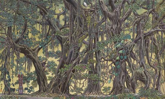 《大榕树林》 工笔重彩 98cmx161cm 祝大年 80年代
