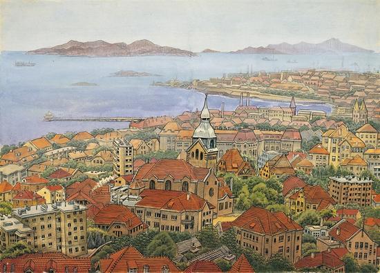 《青岛红房子》 钢笔画 39cmx53cm 祝大年 70年代