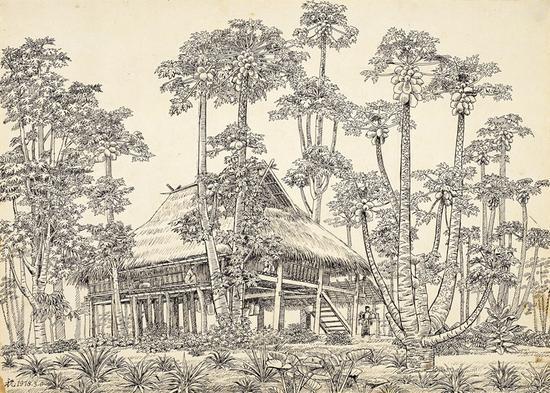 《木瓜人家》 钢笔画 39cmx53cm 祝大年 1978年