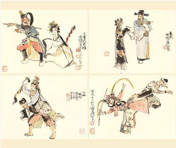 程十发,《昆曲人物册页》(册页 八开选四) 水墨设色纸本,1991年,34 x 45厘米