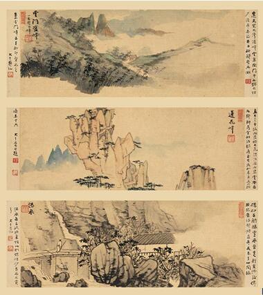 张大千,《大千黄山游》(册页 十二开选三) 水墨设色纸本,1933年,14.5 x 37厘米