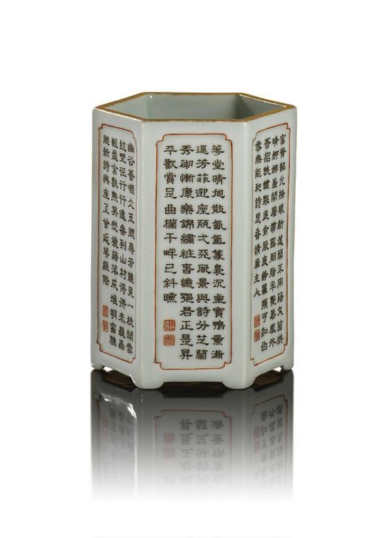 清乾隆 墨彩御题咏花卉诗文六方笔筒