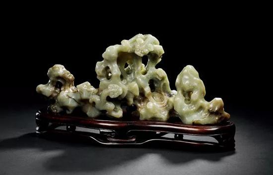 ★1124 清 青玉螭龙纹山形笔架(带座) L:18.5cm