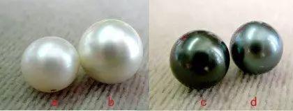 珍珠颜色对比图,a南洋珠b贝壳仿珍珠 c 贝壳仿珍珠 d 大溪地黑珍珠