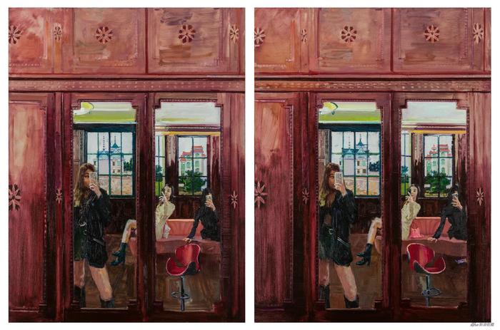 大家来找茬·后窗(两图有六处不同),布面油画,160 × 120 cm × 2,2019-2020