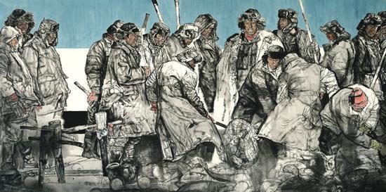 于立学 《查干湖上的冬天一还是那班冰上的兵》 200cm×400cm 2018年