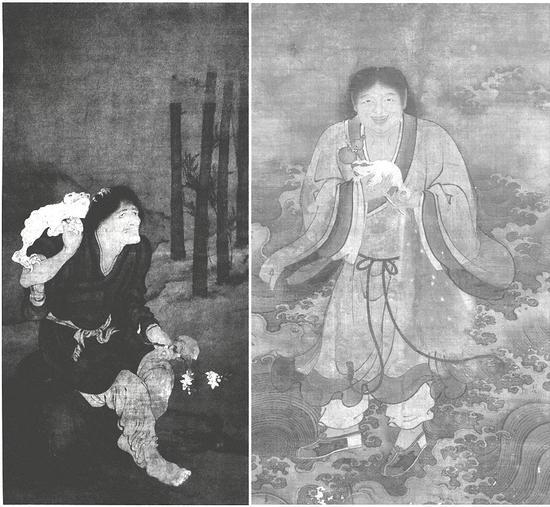 左:(元)颜辉《蛤蟆仙人像》;右:(明)商喜《刘海戏蟾图》