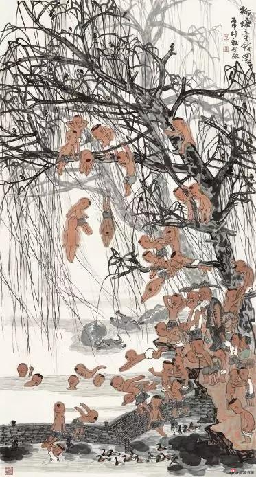 《柳塘童戏图》 180cm×99cm 周矩敏 江苏省中国画学会副会长