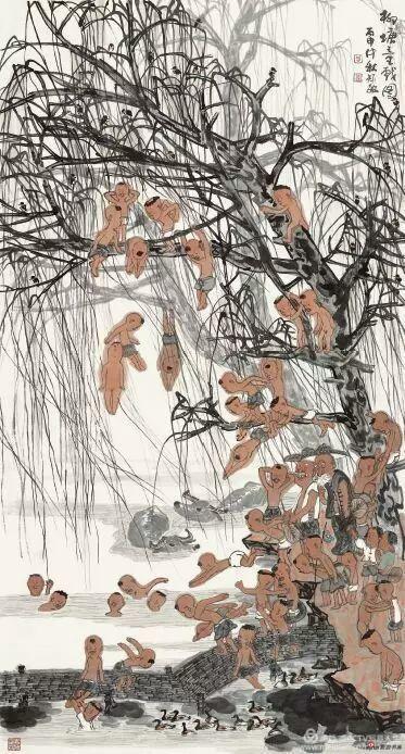 《柳塘童戏图》 180cm×99cm 周矩敏