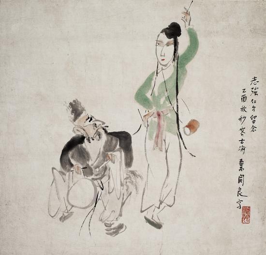 关良 花鼓图 设色纸本 立轴 33×34cm