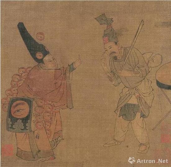 (宋)佚名 杂剧(卖眼药)图页 绢本设色 纵28.4厘米 横25厘米 北京故宫博物院藏