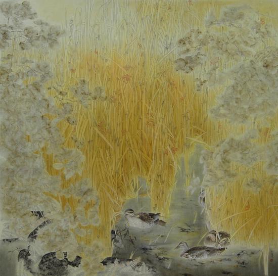 刘煜 《秋塘戏水图》 184x184cm 纸本 2014年