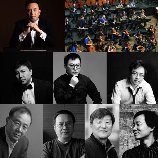 蔡金东与巴德当代乐团,摄影:David DeNee;作曲家(第二排左起)常平、郭文景、陈欣若、唐建平、李滨扬、贾国平、秦文琛,图片由中国当代音乐节提供