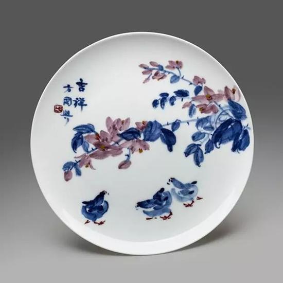 青花金红彩盘--吉祥 直径:36CM
