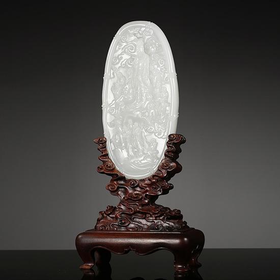 苏然 和田玉籽料十八罗汉拜观音插牌 22×11.4×2.6cm 1122g