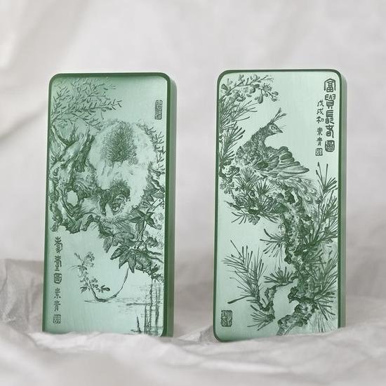02802号拍品 胡玮 和田玉鸭蛋青耄耋富贵长春对牌 起拍价:RMB 50000