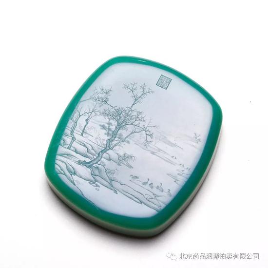 02934 张建时 中国玉石雕刻名家 张建时 和田玉鸭蛋青寒汀落雁图 规格:5.2×4.6×1.2cm 重量:69g 白度:鸭蛋青 脂份:极高 密度:无结构 款识:张 RMB:20000-50000