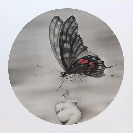 《蝶》 2018年 绢本水墨 直径:140cm