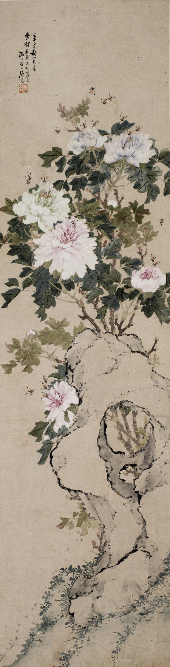 居廉 牡丹蜜蜂 设色纸本 立轴 128.5×33cm