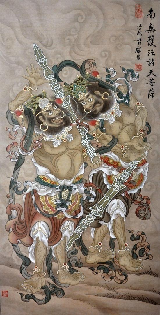 哼哈二将 设色纸本 135x70cm