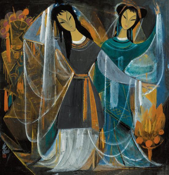 林风眠 戏剧人物 镜框 设色纸本 68×66 cm