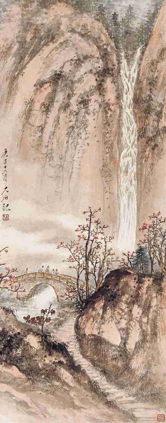Lot506 唐云 秋山观瀑 镜心 设色纸本 庚子十二月(1961年)作
